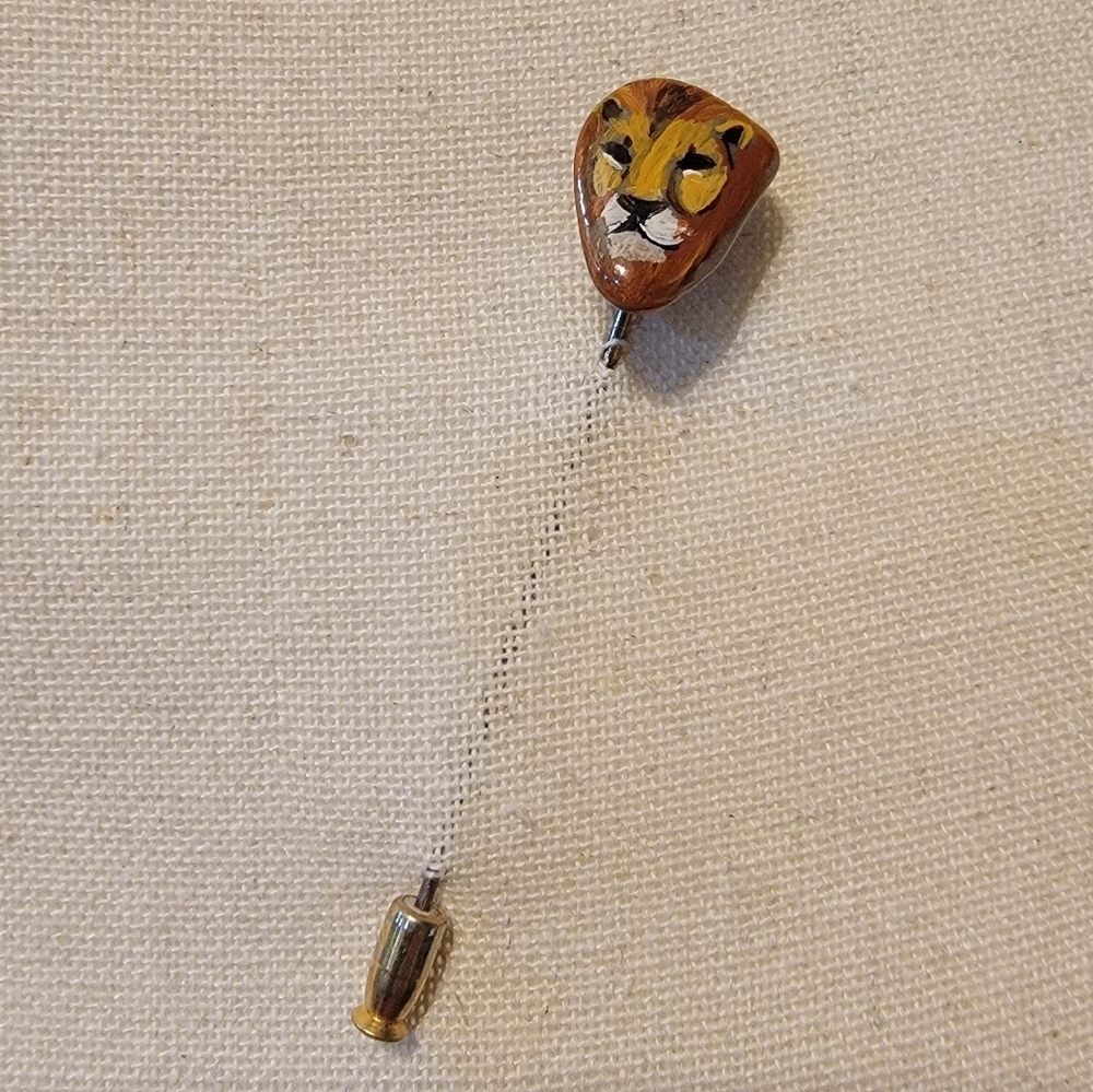 Vintage Hand Painted Lion Artisan Stick Pin Banded Stone 2.5"